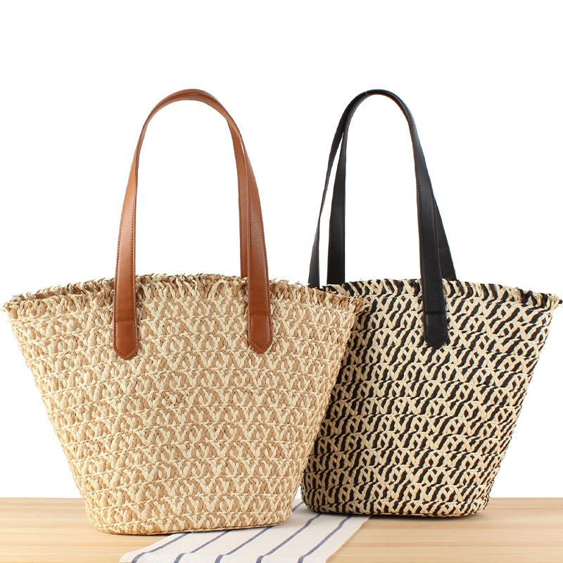 Women's Large Paper String Solid Color Beach Classic Style Weave Zipper Straw Bag