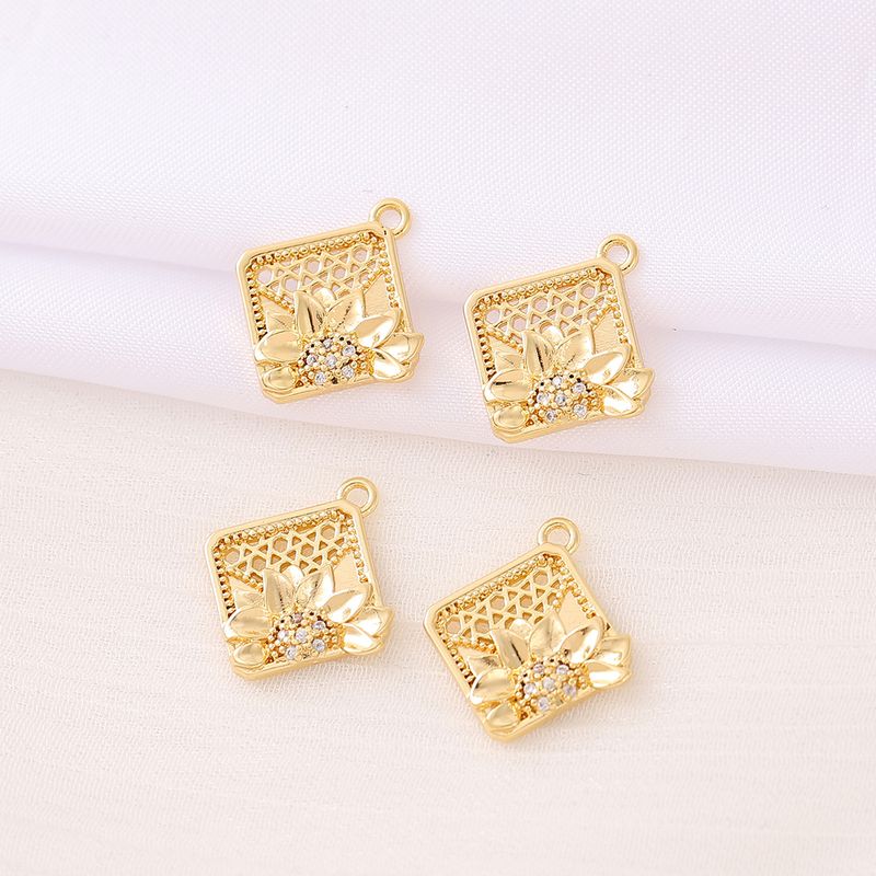 1 Piece 18*16mm Copper Zircon 18K Gold Plated Square Flower Polished Pendant