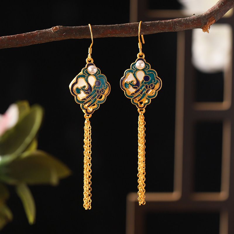 1 Pair Chinoiserie Ethnic Style Classic Style Tassel Lock Plating Inlay Copper Artificial Pearls 24K Gold Plated Drop Earrings