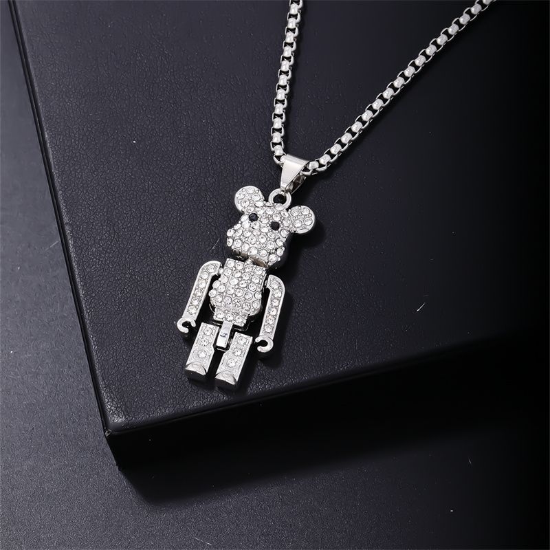 Wholesale Casual Cute Bear 304 Stainless Steel Copper Three-dimensional Inlay Rhodium Plated Zircon Pendant Necklace