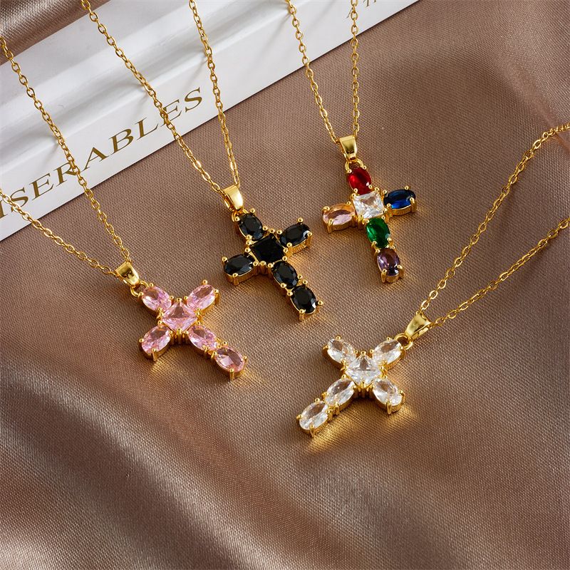 Copper Gold Plated Basic Modern Style Classic Style Plating Inlay Geometric Cross Rhinestones Pendant Necklace