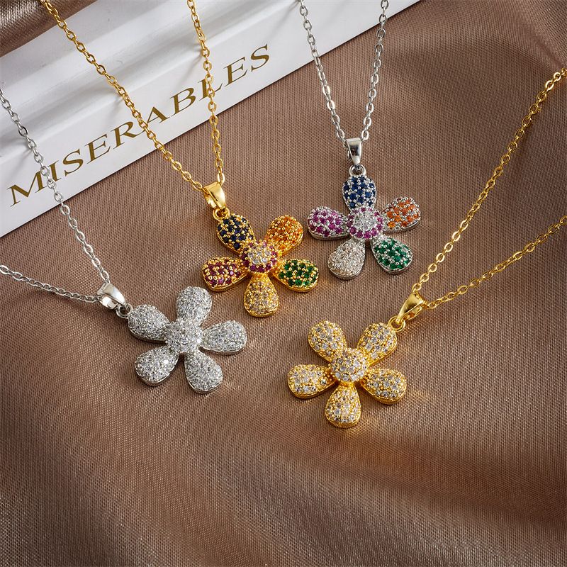 Titanium Steel Copper Gold Plated Lady Modern Style Classic Style Plating Inlay Leaf Sunflower Sun Zircon Pendant Necklace