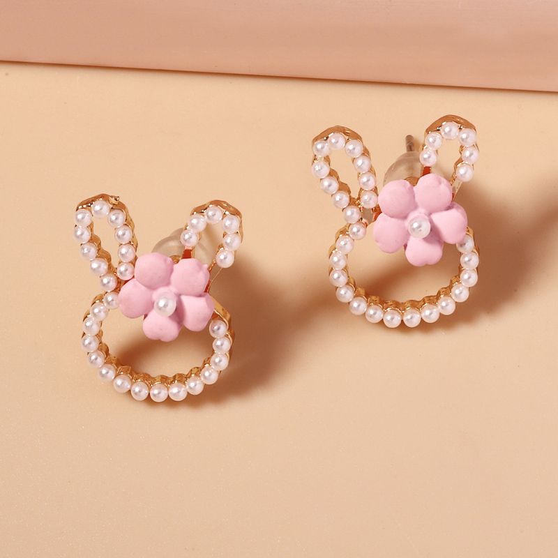 1 Pair Cartoon Style Cute Rabbit Flower Plating Inlay Zinc Alloy Imitation Pearl Ear Studs