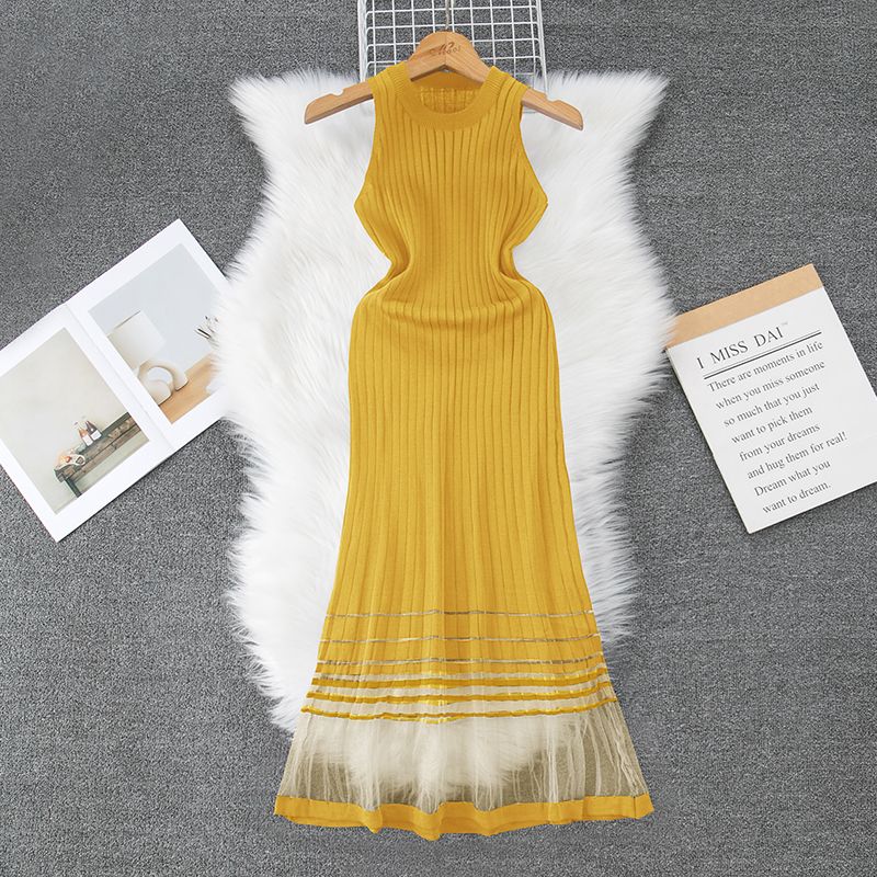 Women's Regular Dress Casual Round Neck Net Yarn Sleeveless Solid Color Maxi Long Dress Daily
