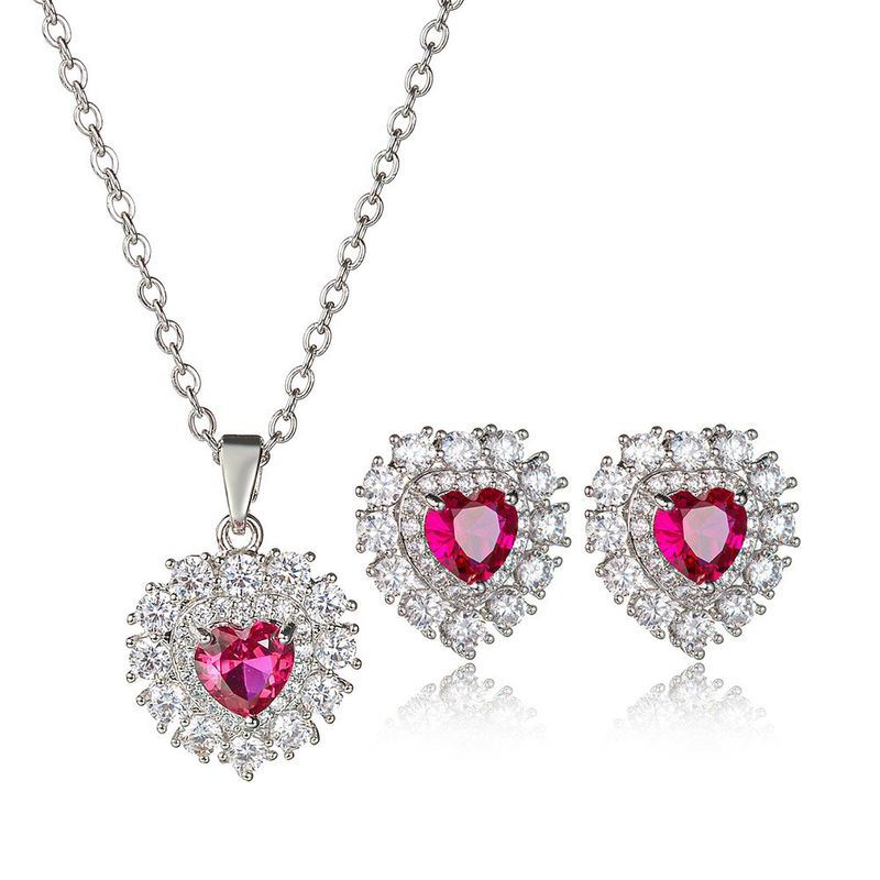 Copper White Gold Plated Elegant Vacation Inlay Heart Shape Gem Zircon Jewelry Set