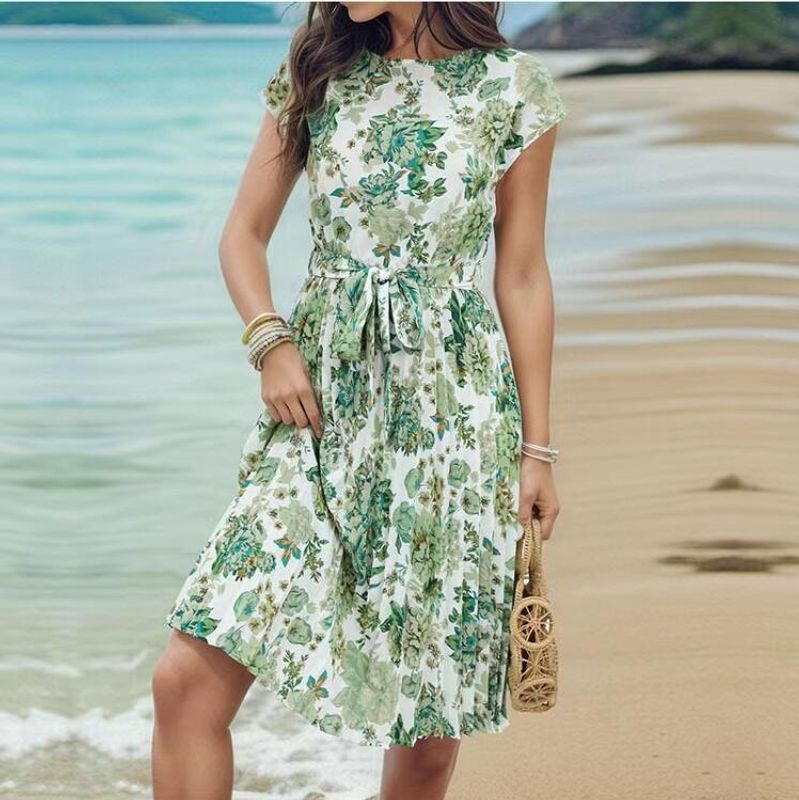 Women's Regular Dress Streetwear Round Neck Printing Short Sleeve Geometric Ditsy Floral Knee-Length Holiday Beach
