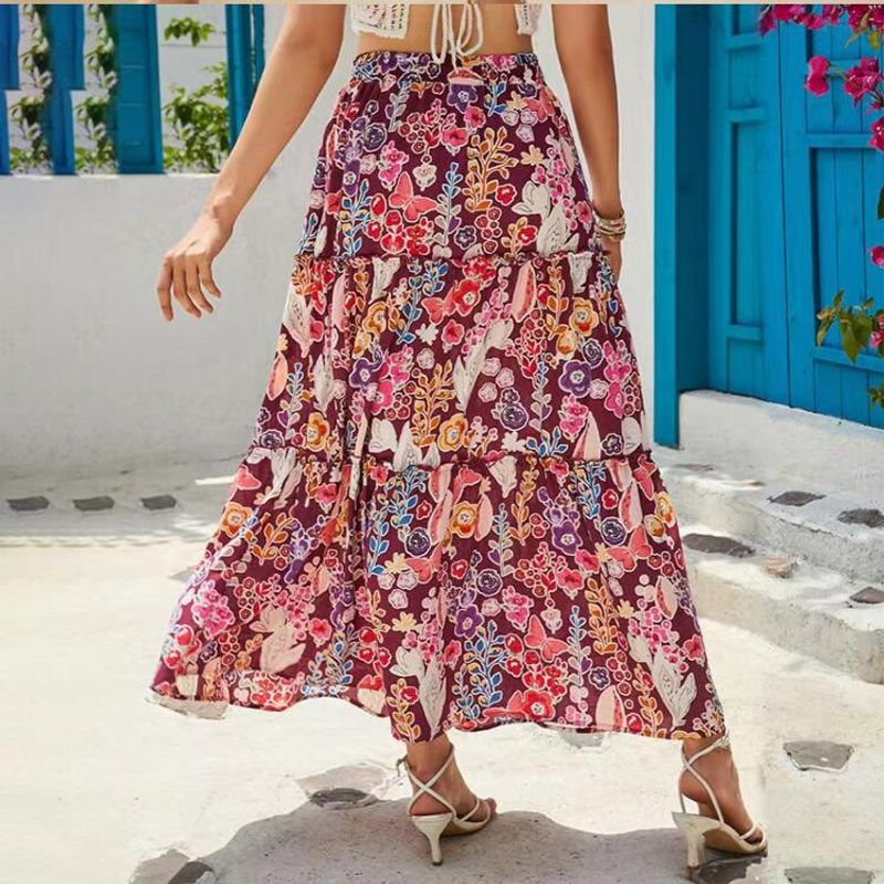 Sommer Strassenmode Blume Schmetterling Polyester Midi-Kleid Röcke