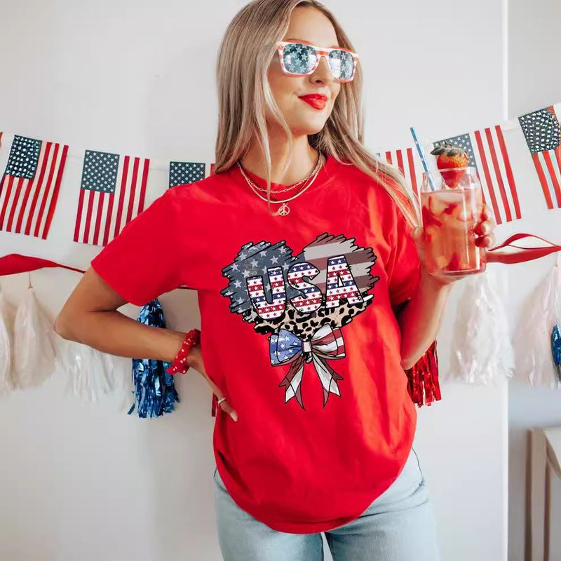 Frau T-Shirt Kurzarm T-Shirts Einfacher Stil Brief Amerikanische Flagge Bogenknoten