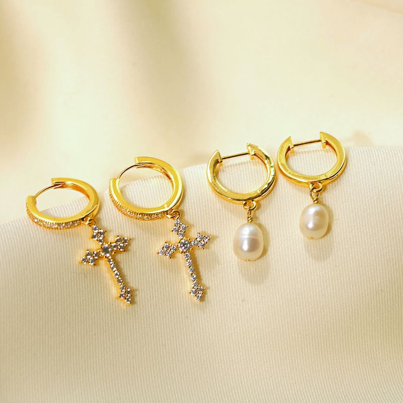 1 Pair Modern Style Simple Style Cross Pearl Plating Inlay Copper Zircon 18K Gold Plated Drop Earrings