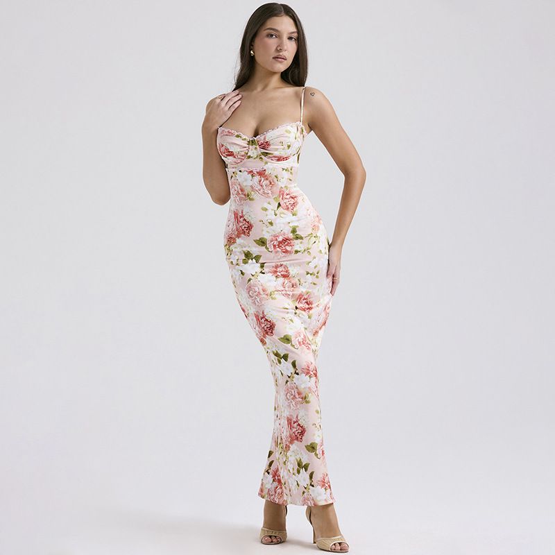 Women's Sheath Dress Sexy V Neck Printing Sleeveless Flower Maxi Long Dress Holiday Daily