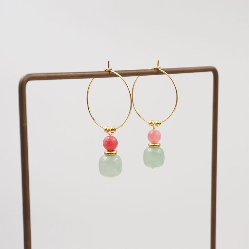 1 Pair Chinoiserie Vintage Style Lady Geometric Natural Stone Copper Gold Plated Drop Earrings