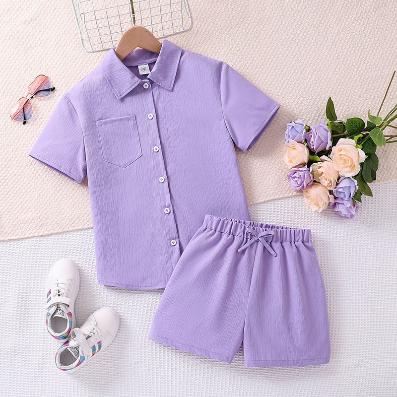 Simple Style Solid Color Cotton Blend Polyester Girls Clothing Sets