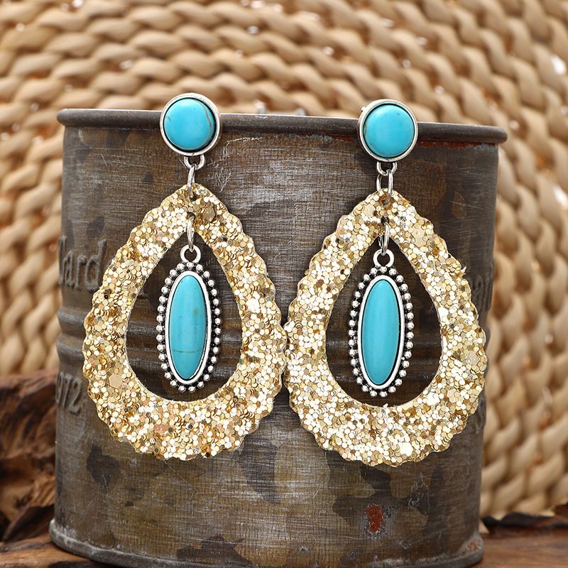 1 Pair Simple Style Shiny Water Droplets Hollow Out Inlay Pu Leather Alloy Turquoise Drop Earrings