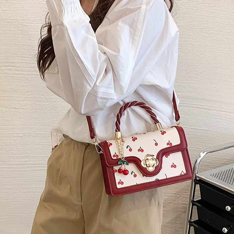 Women's Medium Pu Leather Cherry Streetwear Flip Cover Crossbody Bag