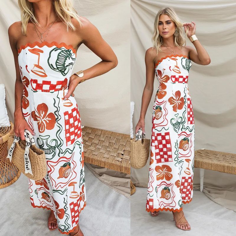 Women's Sheath Dress Vacation Strapless Pleated Sleeveless Printing Maxi Long Dress Holiday Daily Beach