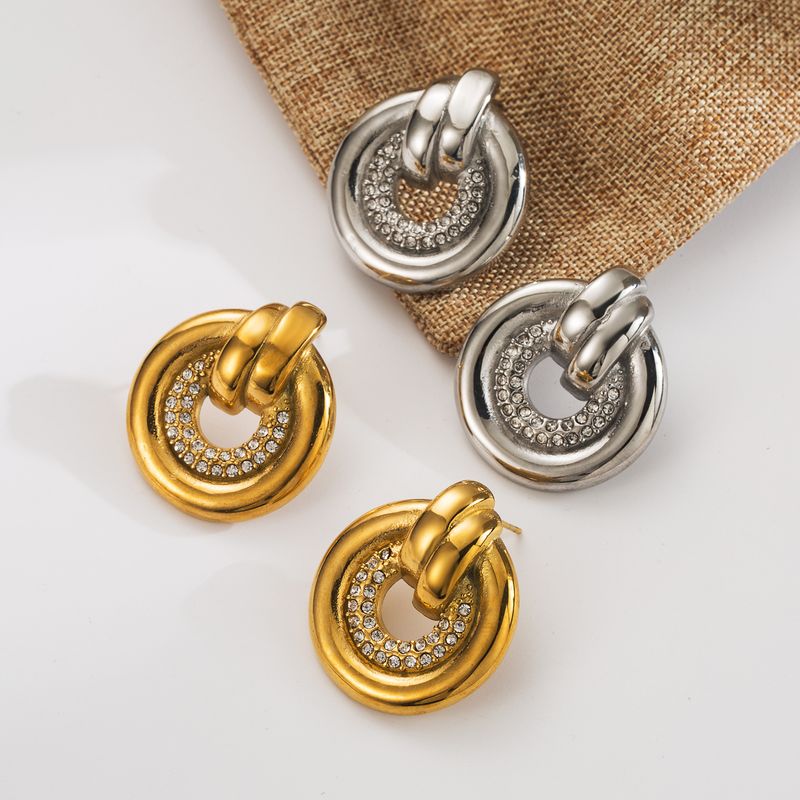 1 Par Estilo Vintage Estilo Clásico Ronda Enchapado Embutido Acero Inoxidable 304 Circón Chapados en oro de 18k Pendientes