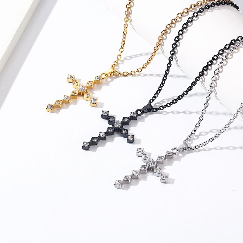 IG Style Gothic Cool Style Cross Rhombus 304 Stainless Steel Inlay Rhinestones Men's Pendant Necklace