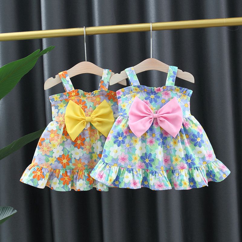 Cute Flower Bow Knot Cotton Girls Dresses