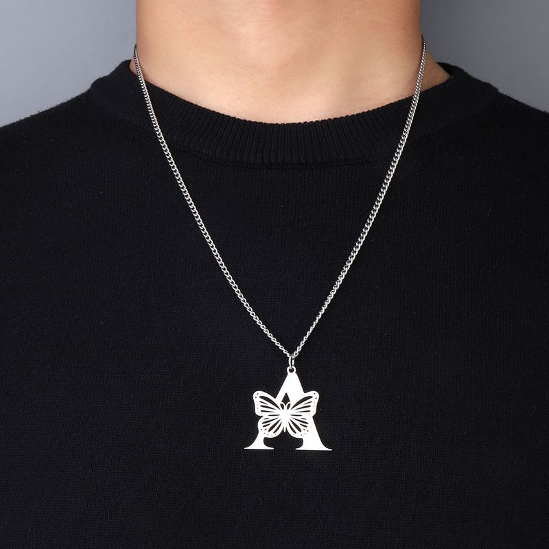 201 Stainless Steel IG Style Hip-Hop Letter Butterfly Pendant Necklace