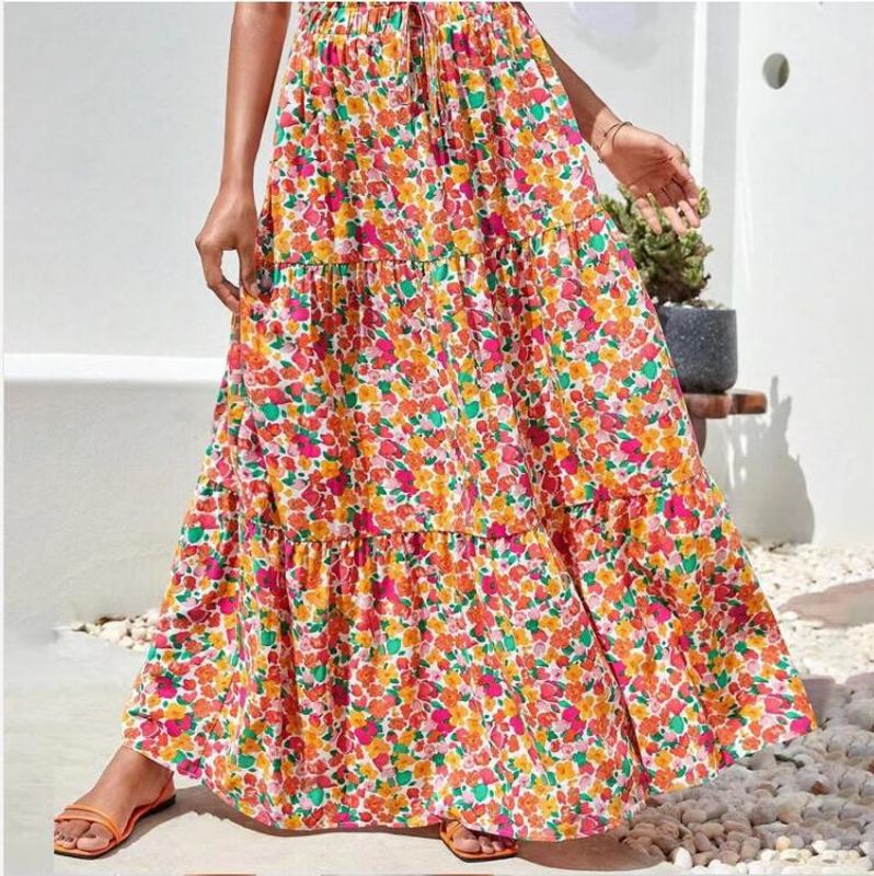 Sommer Frühling Herbst Tropisch Blume Polyester Maxi Langes Kleid Röcke