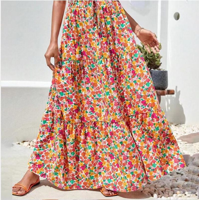 Summer Spring Autumn Tropical Flower Polyester Maxi Long Dress Skirts