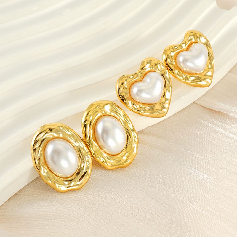 1 Piece Simple Style Classic Style Square Oval Heart Shape Plating Inlay 304 Stainless Steel Artificial Pearls 18K Gold Plated Ear Studs