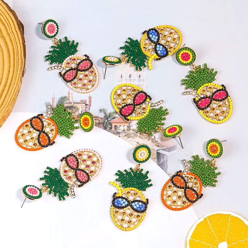 1 Pair Cartoon Style Cute Pineapple Inlay Alloy Rhinestones Seed Bead Drop Earrings
