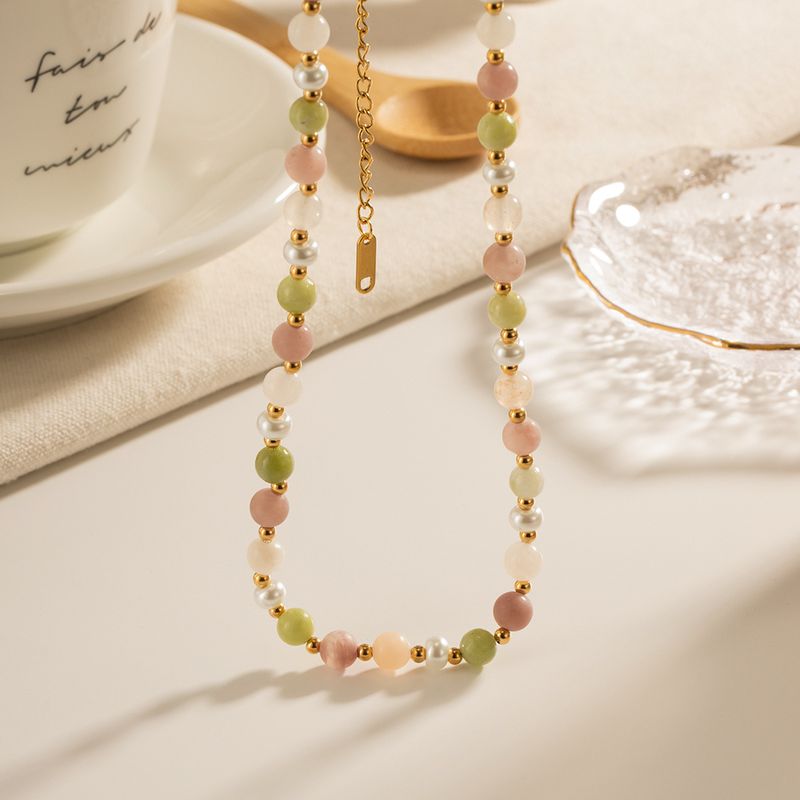 304 Stainless Steel Natural Stone 18K Gold Plated Vacation Sweet Beaded Color Block Necklace