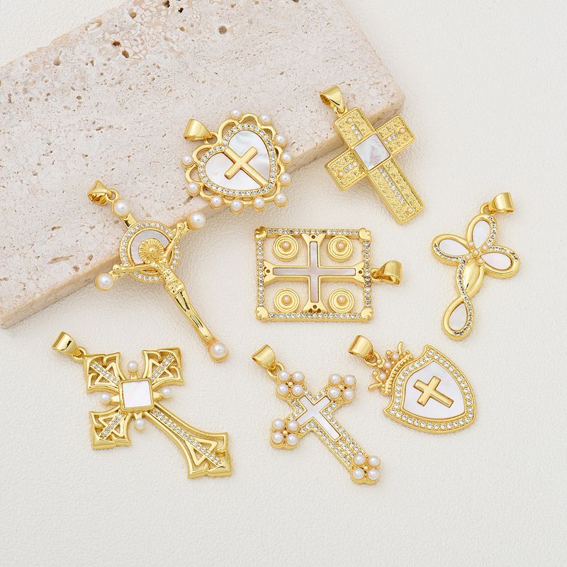 IG Style Simple Style Cross Heart Shape 18K Gold Plated Pearl Shell Zircon Copper Wholesale Jewelry Accessories