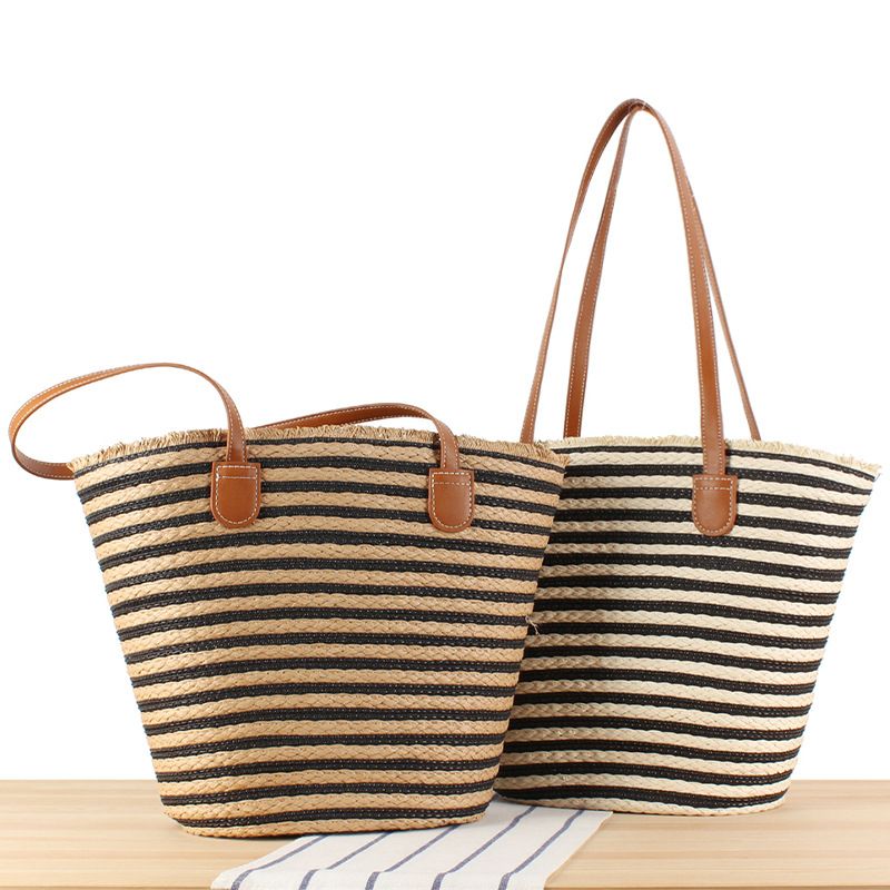Women's Large Paper String Stripe Vintage Style Beach Weave Zipper Straw Bag