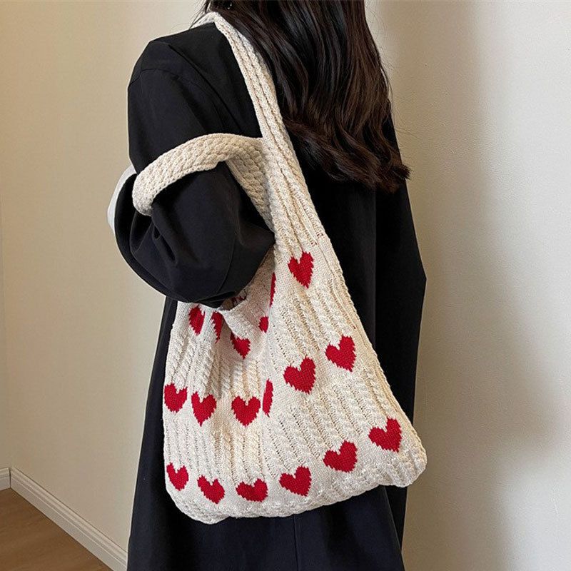 Women's Medium Knit Heart Shape Basic Classic Style Bucket Open Shoulder Bag
