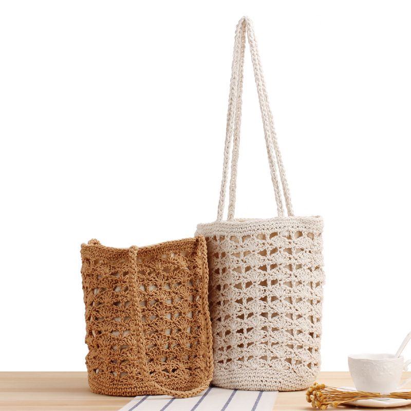 Women's Medium Cotton Rope Solid Color Vacation Beach Weave Bucket String Straw Bag