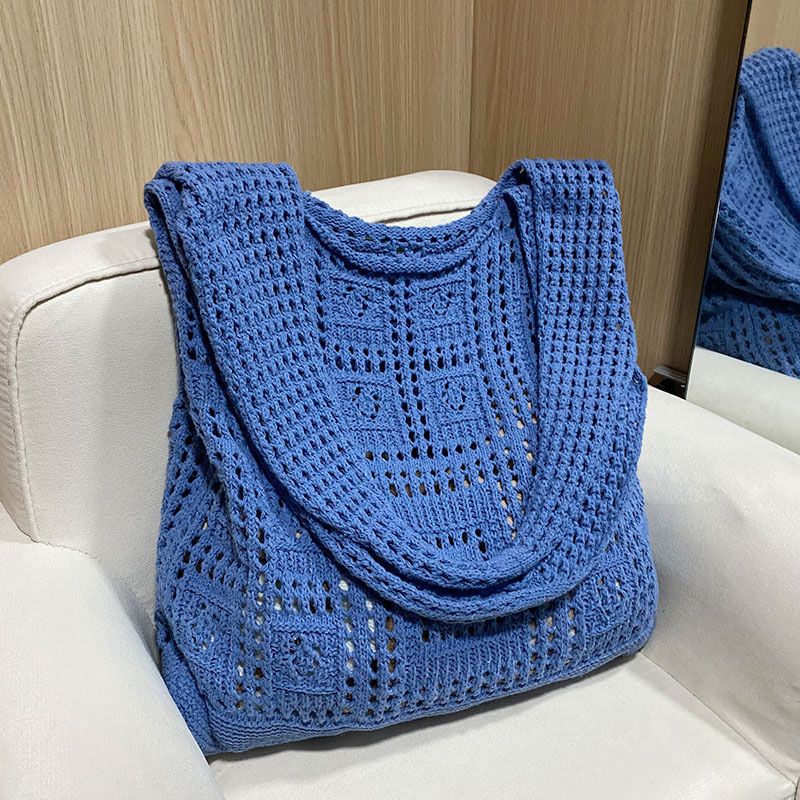 Women's Medium Knit Solid Color Basic Hollow Bucket Open Shoulder Bag