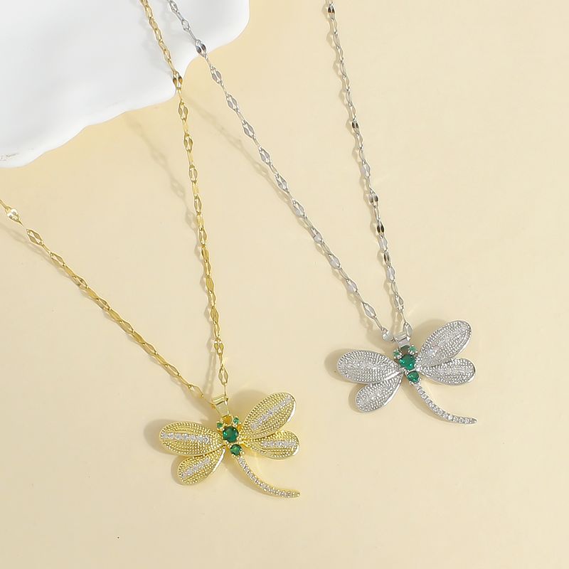 304 Stainless Steel 18K Gold Plated Basic Modern Style Classic Style Plating Inlay Dragonfly Zircon Pendant Necklace