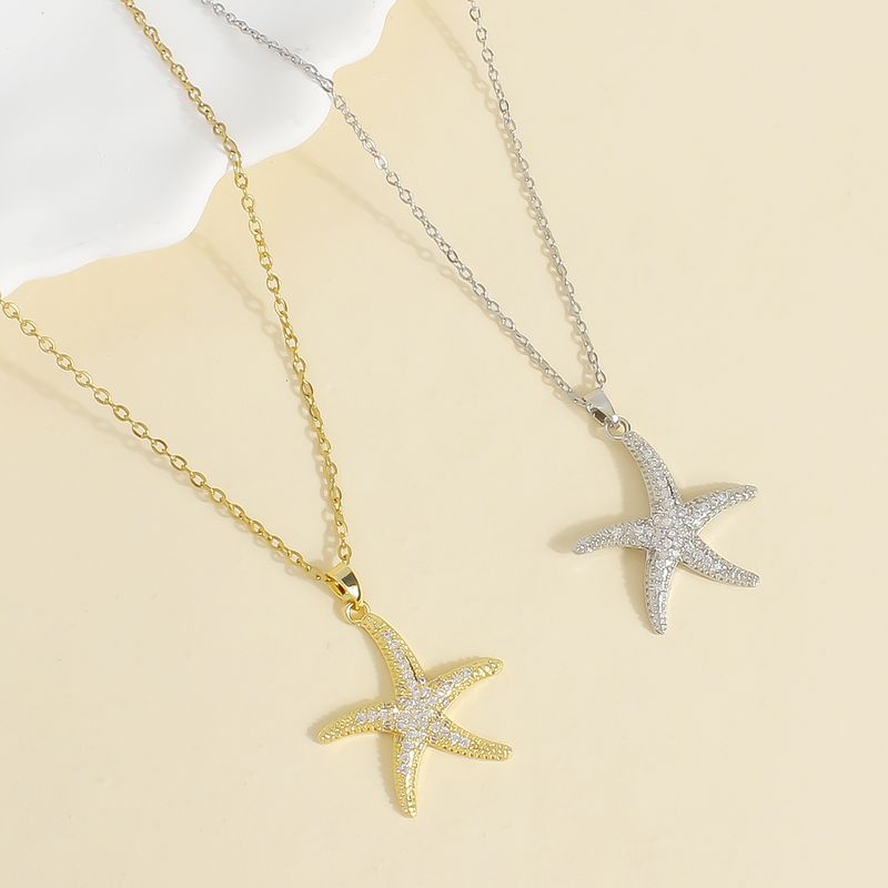 304 Stainless Steel 18K Gold Plated Romantic Shiny Plating Inlay Starfish Zircon Pendant Necklace
