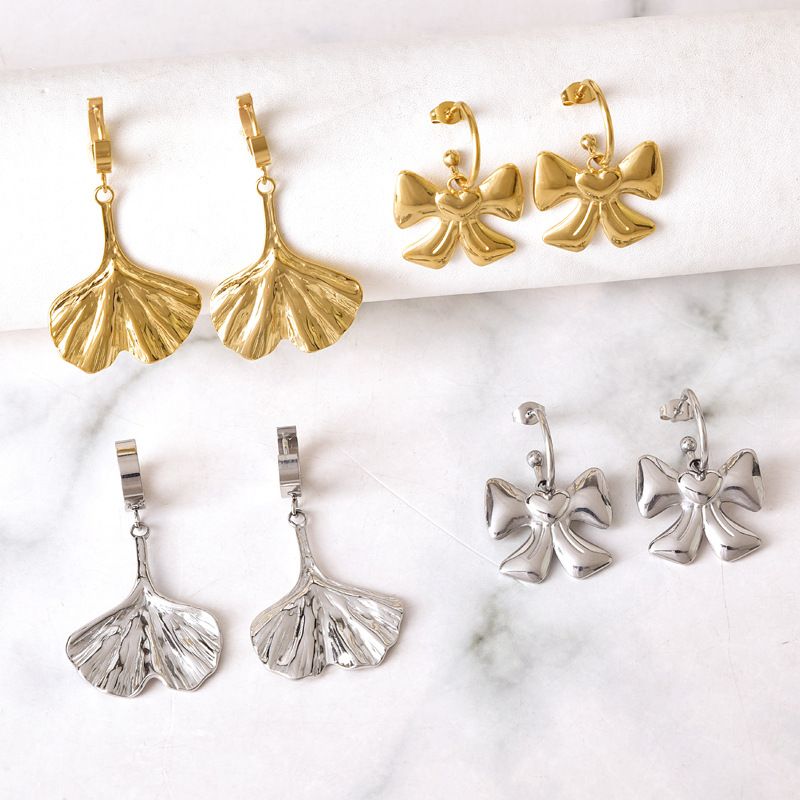 1 Pair Casual Simple Style Bow Knot Ginkgo Leaf Plating Titanium Steel Drop Earrings