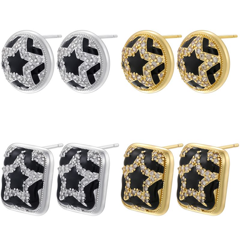 1 Pair Hip-Hop Cool Style Pentagram Round Square Plating Inlay Copper Zircon 18K Gold Plated Ear Studs