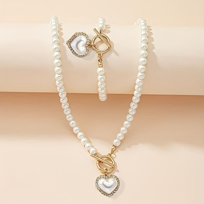 Alloy Elegant Lady Bohemian Inlay Heart Shape Artificial Pearls Zircon Bracelets Necklace