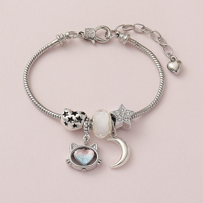 Wholesale Jewelry Cute Simple Style Moon Heart Shape Cat Alloy Copper Rhinestones Hollow Out Inlay Bracelets