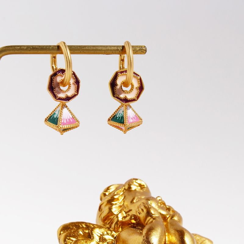 1 Pair Chinoiserie Casual Geometric Flower Enamel Plating Brass 18K Gold Plated Drop Earrings