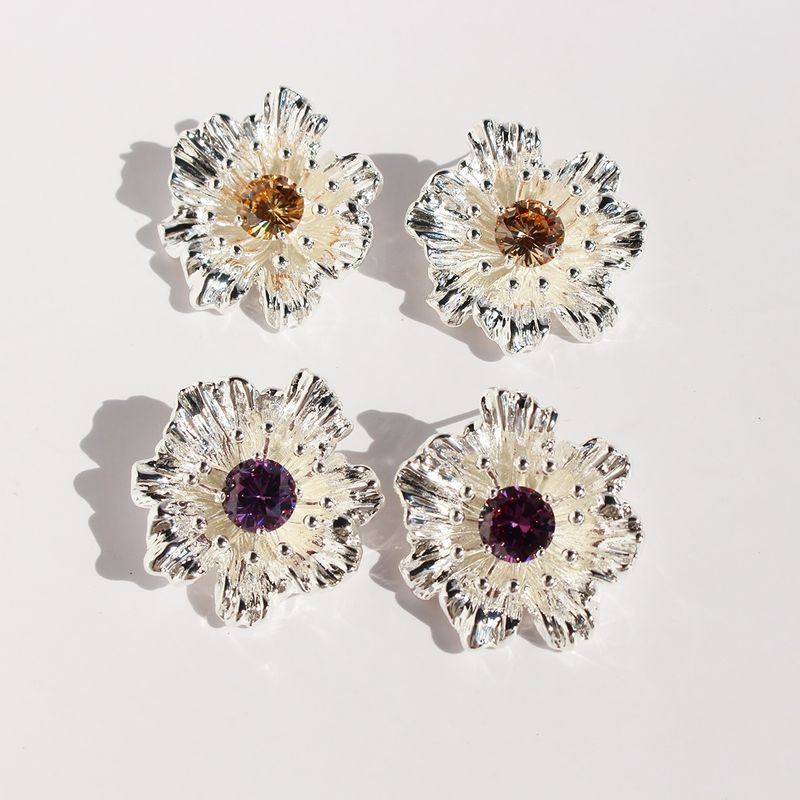 1 Pair Exaggerated Sweet Flower Plating Inlay Brass Zircon 18K Gold Plated Ear Studs