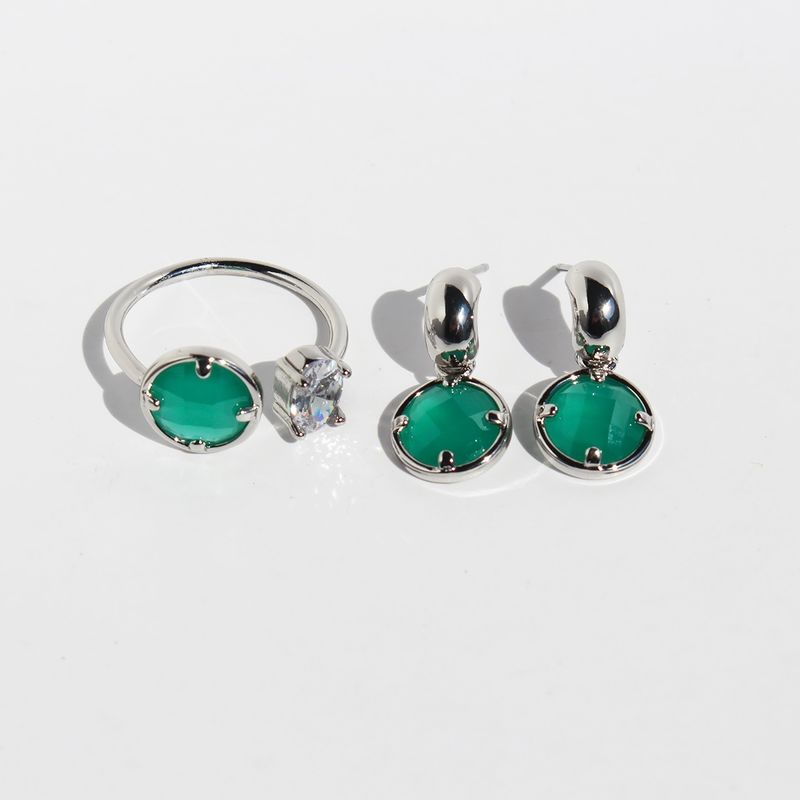 Brass Simple Style Plating Inlay Round Glass Rings Earrings