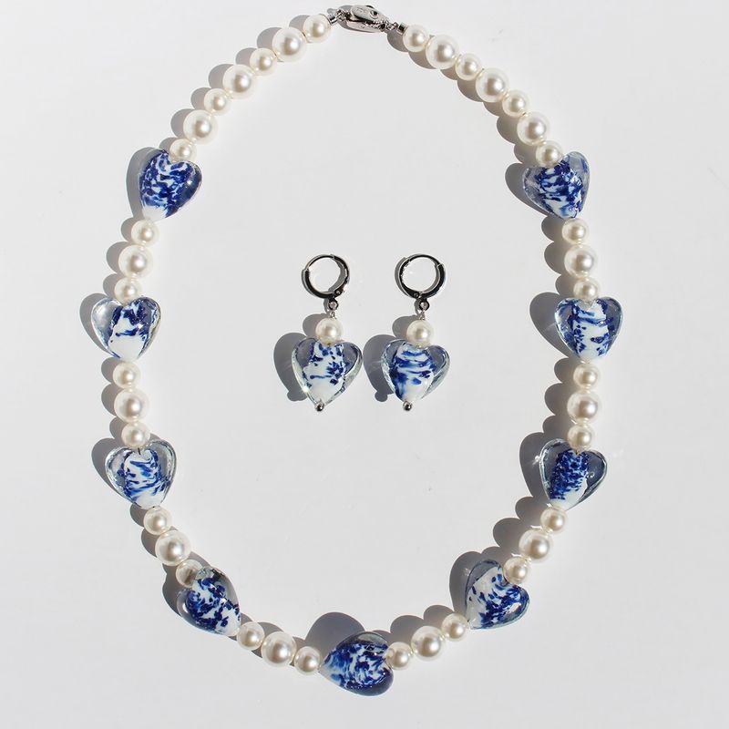IG Style Elegant Heart Shape Flower Artificial Pearl Glass Brass Beaded Women's Earrings Necklace