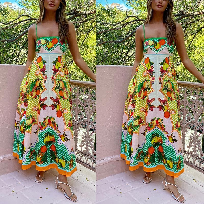 Women's Strap Dress Swing Dress Vacation Strap Printing Sleeveless Letter Fruit Midi Dress Holiday Beach