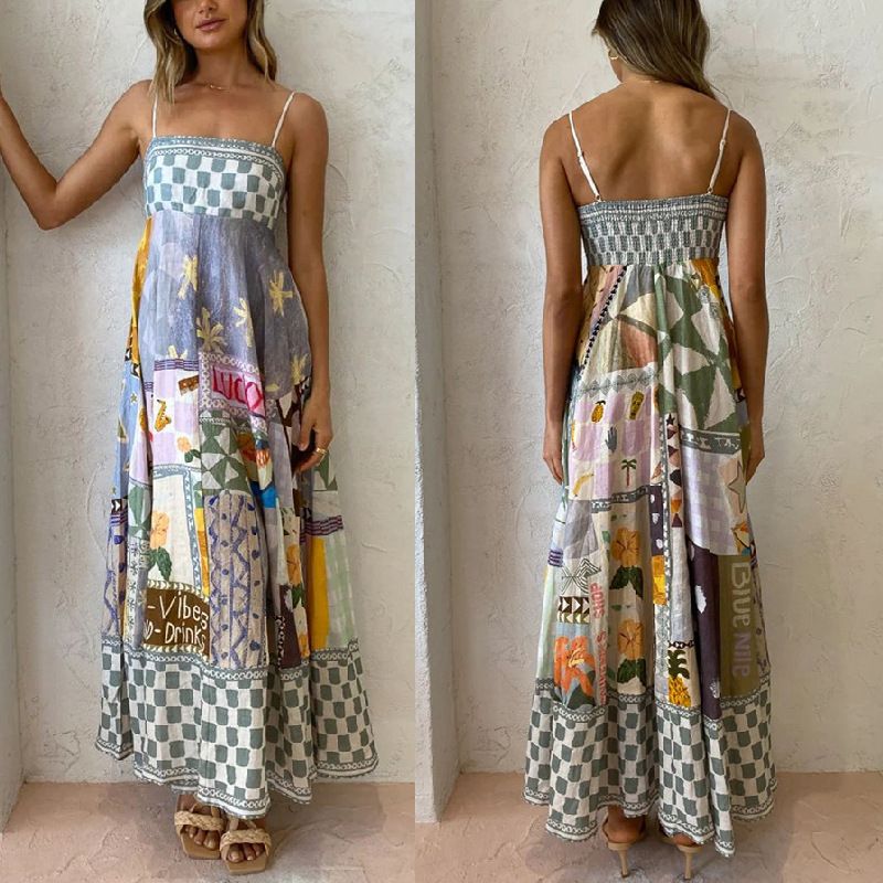 Women's Strap Dress Streetwear Collarless Printing Sleeveless Geometric Letter Plaid Midi Dress Holiday Beach