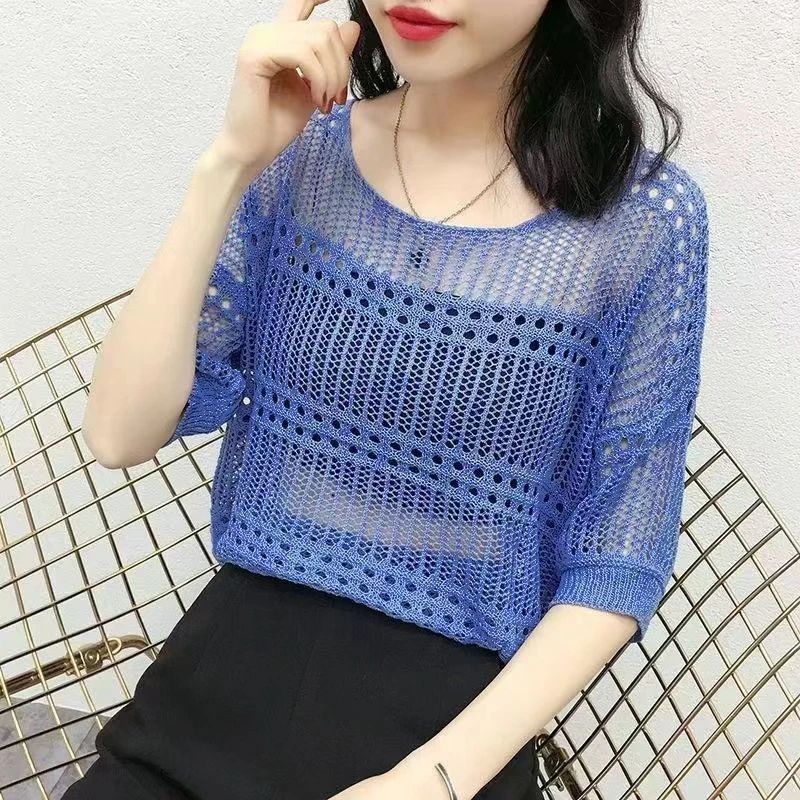 Women's Knitwear Eyelet Top 3/4 Length Sleeve Blouses Braid Mesh Knitted Simple Style Solid Color
