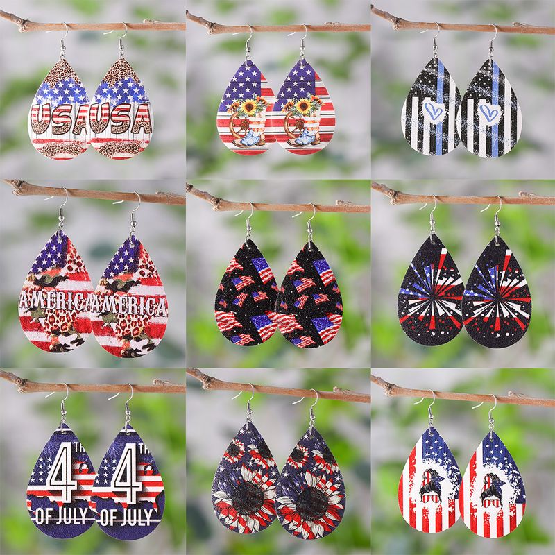1 Pair Retro National Flag Star Water Droplets Pu Leather Drop Earrings