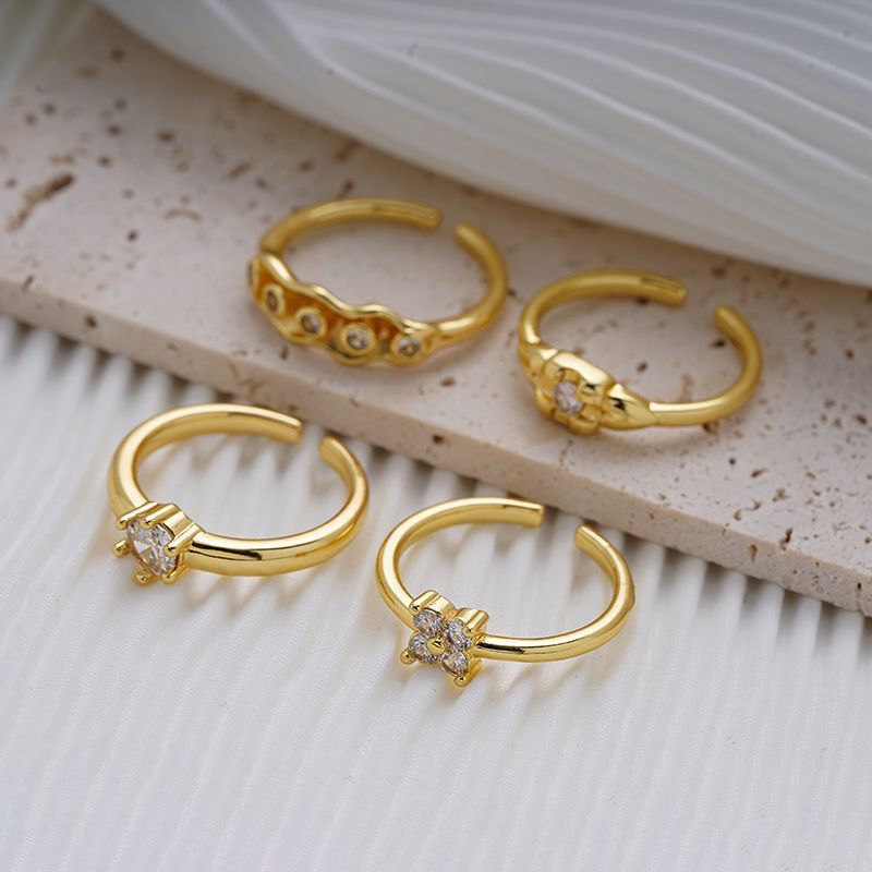Copper Gold Plated Elegant Glam Luxurious Inlay Carving Solid Color Zircon Open Rings