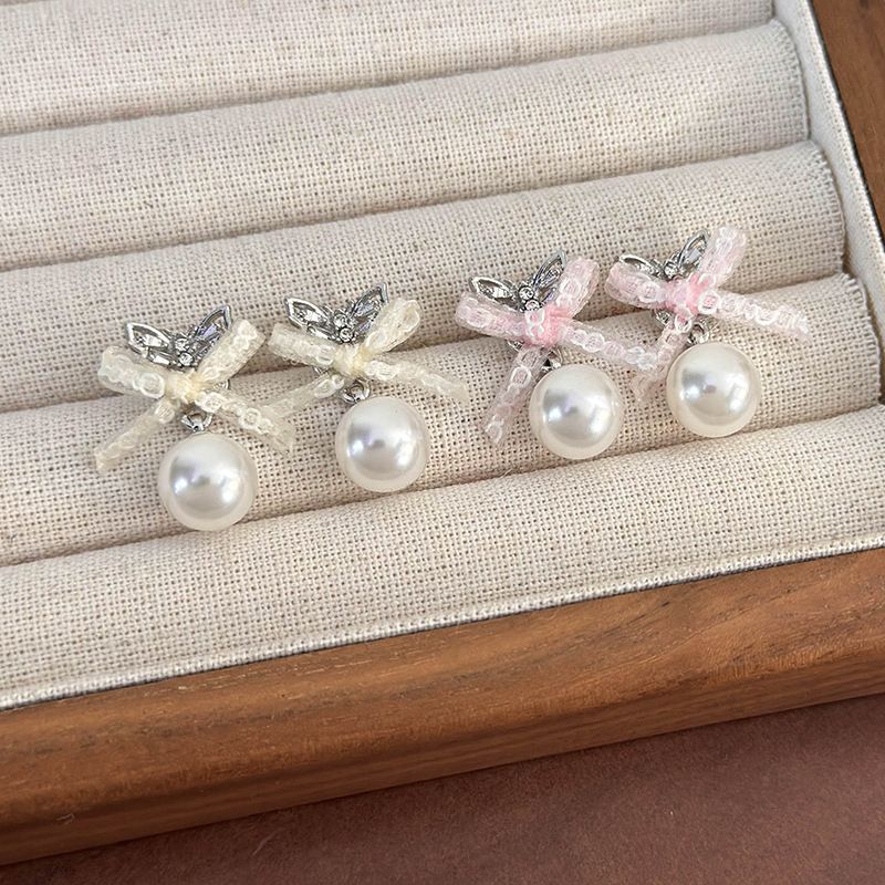 1 Pair Sweet Simple Style Bow Knot Inlay Alloy Pearl Drop Earrings