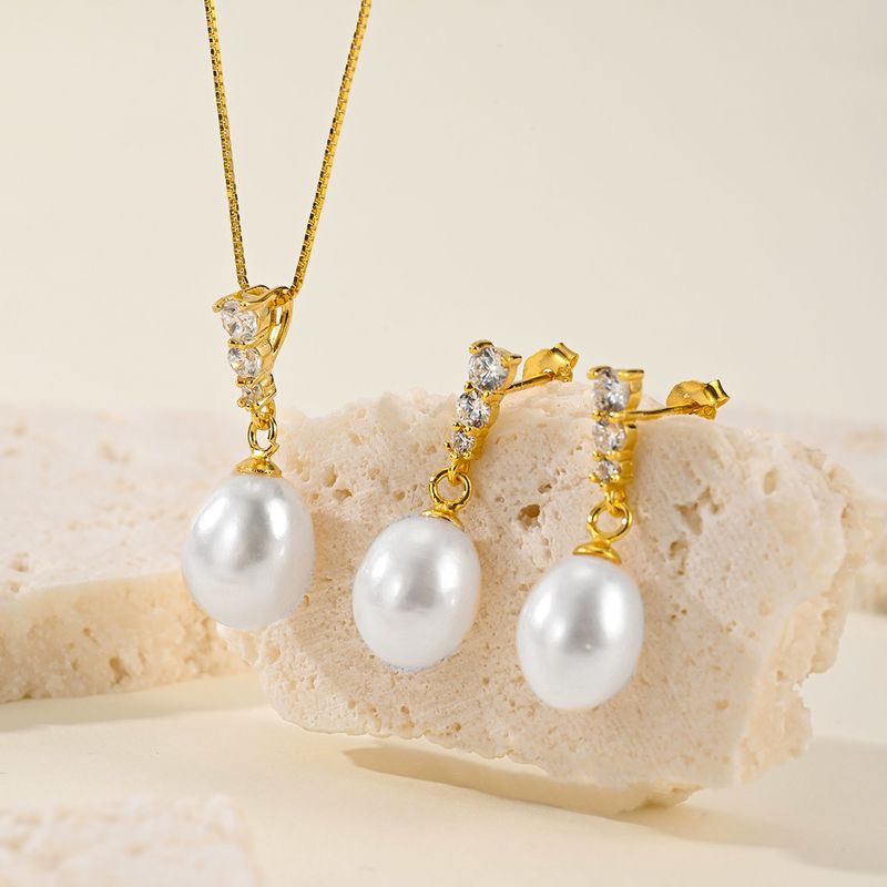 Elegant Wedding Simple Style Pearl 14K Gold Plated Freshwater Pearl Freshwater Pearl Sterling Silver Wholesale Jewelry Set